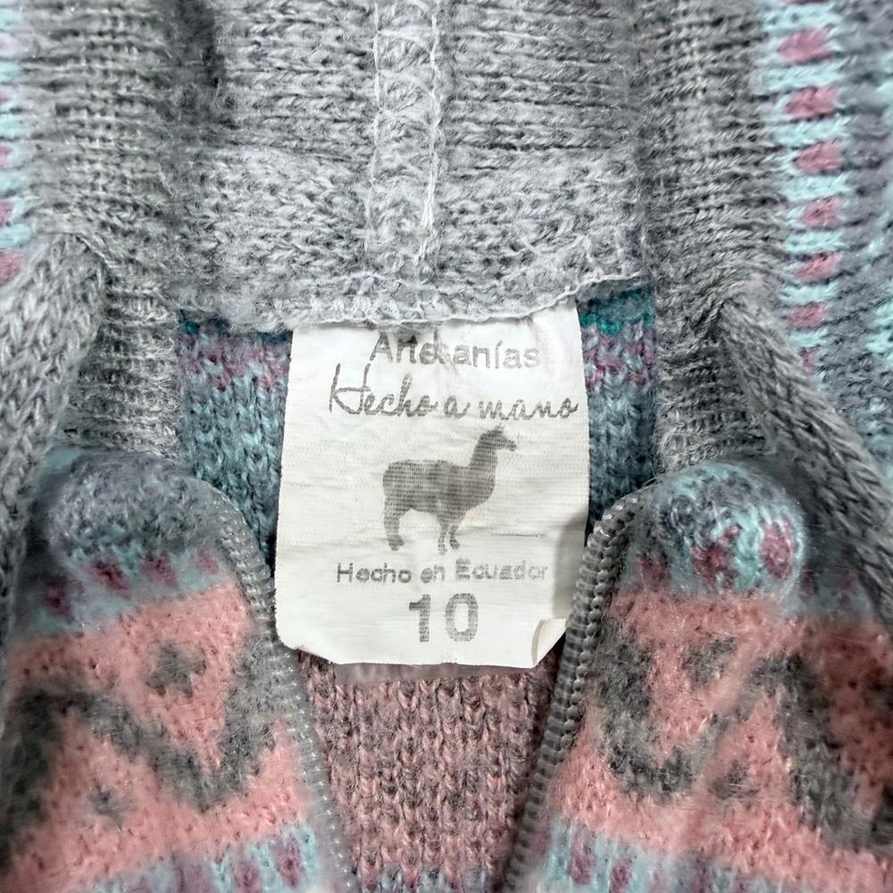 Boho Artisan Ecuador Llama Wool Knit Zip Up Hoodie Cardigan Jacket Youth 10 Gray - Picture 5 of 10